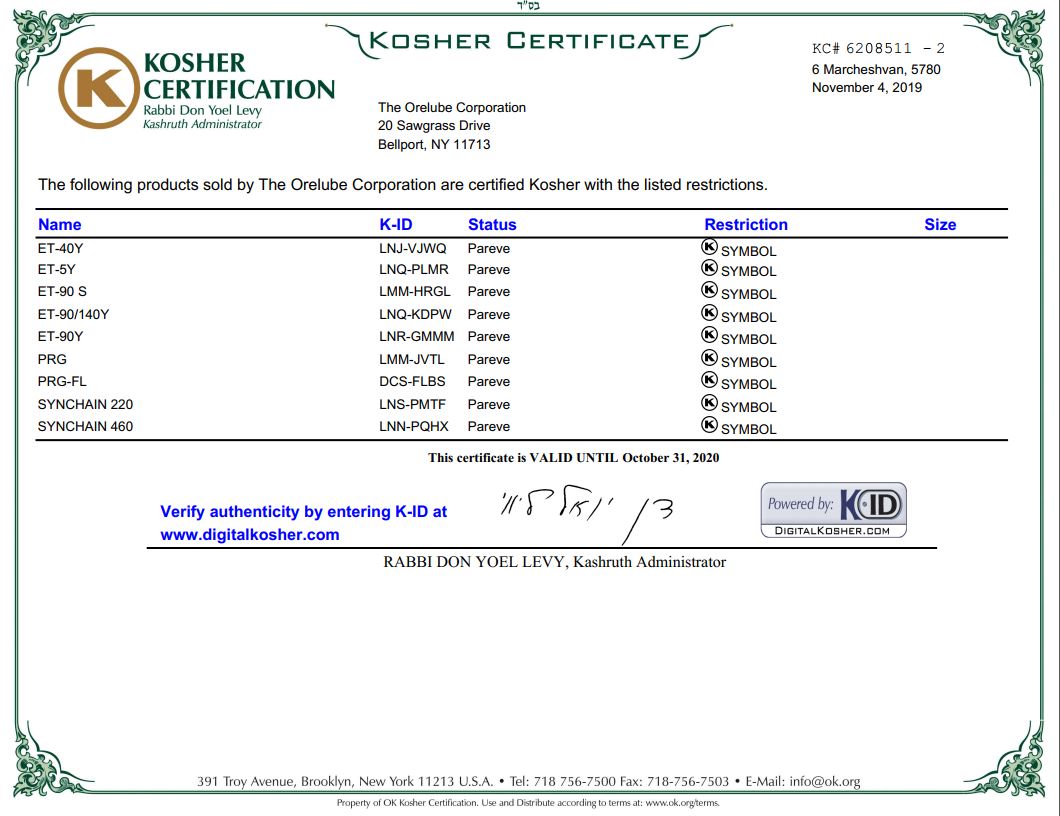 KOSHER CERTIFICATION - The Orelube Corporation